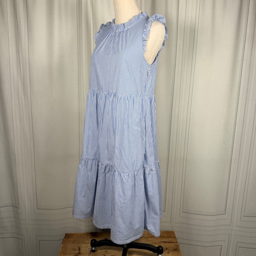 J.Crew Factory Re-Imagined Striped Tiered Midi Dress Pockets Blue White 6P - Picture 10 of 16